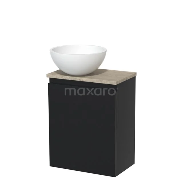 Schwarzer Badschrank mit Holzplatte und weißem rundem Aufsatzwaschbecken, ideal für stilvolle Badezimmerlagerung und modernes Design.