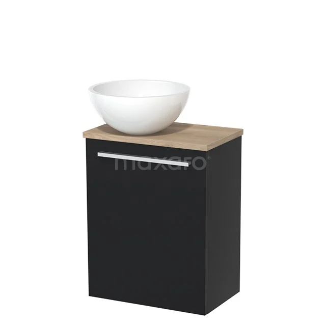 Toilet unit with countertop wash basin | 41 cm Matte black Flat front High-gloss white Mineral marble basin Light brown oak worktop TMK10-02737