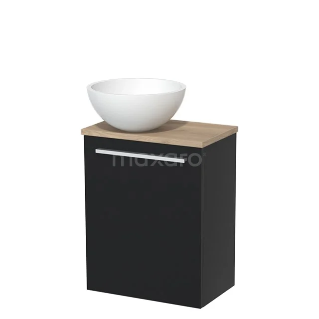 Schwarzer Badschrank mit Eichenplatte und weißem rundem Aufsatzwaschbecken, kompaktes Design für stilvolle Badezimmerlagerung.