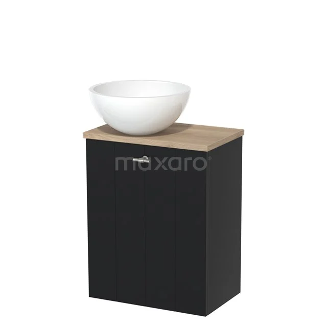 Schwarz Badmöbel mit Holz Platte und weißer schalenförmiger Waschbecken, kompaktes Design.