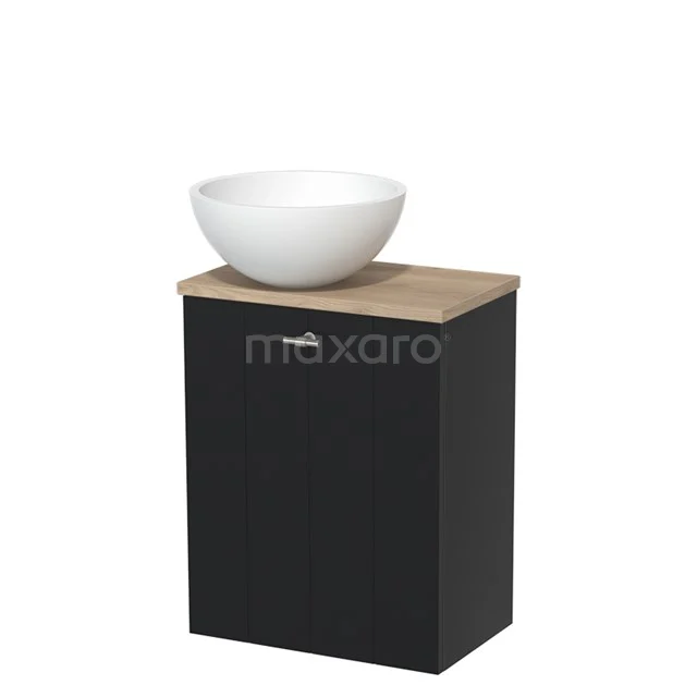 WC-Möbel mit Aufsatzwaschbecken | 41 cm Matt Schwarz Lamellenfront Matt Weiß Solid Surface Aufsatzwaschbecken Hellbraune Eiche Platte TMK10-02743 Schwarzer Badschrank mit Holzplatte und rundem weißen Waschbecken, ideal für eine moderne Badezimmergestaltung.