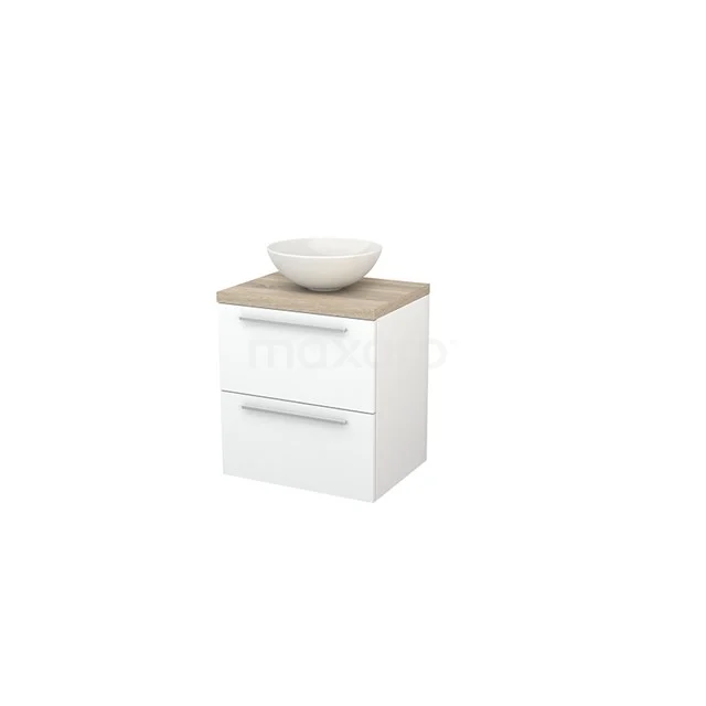 White bathroom cabinet with wooden worktop, two drawers and a round countertop wash basin; compact design, ideal for modern bathrooms.