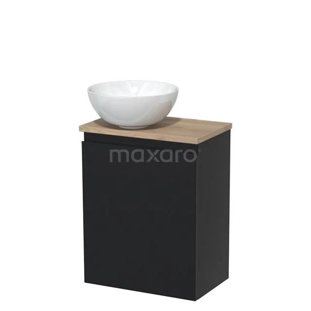 Schwarz Badmöbel mit Holz Platte und weißem runden Aufsatzwaschbecken; kompaktes Design, perfekt für moderne Bäder.