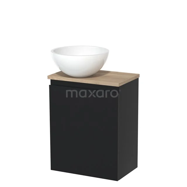 Toilet unit with countertop wash basin | 41 cm Matte white Handleless front High-gloss white Mineral marble basin Light brown oak worktop TMK10-02752