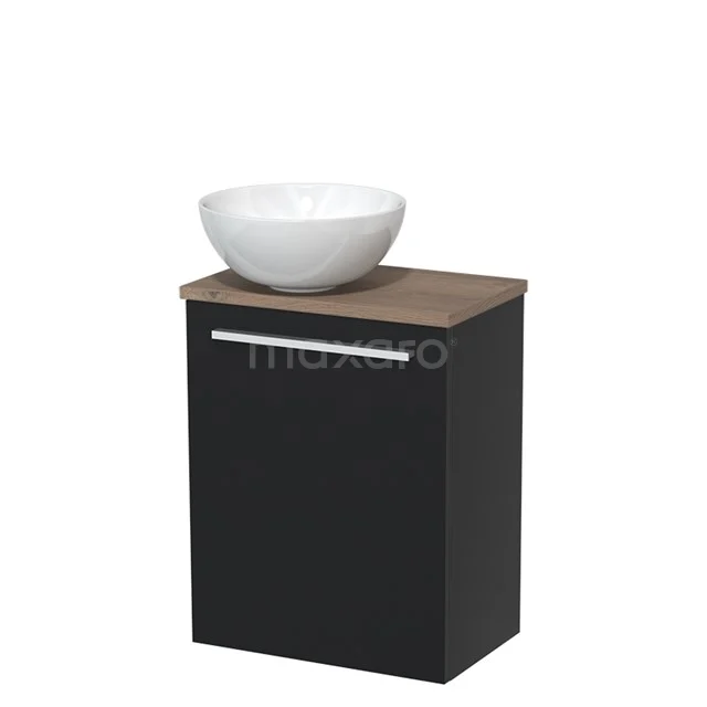 Toilet unit with countertop wash basin | 41 cm Matte black Flat front High-gloss white Ceramic countertop wash basin Mid brown oak worktop TMK10-04447