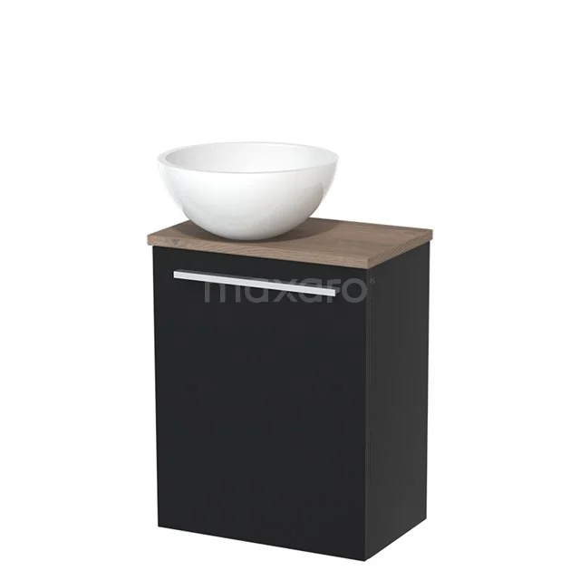 Toilet unit with countertop wash basin | 41 cm Matte black Flat front High-gloss white Mineral marble basin Mid brown oak worktop TMK10-04449