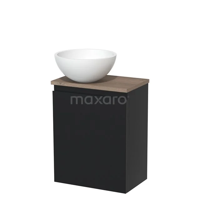 Toilet unit with countertop wash basin | 41 cm Matte black Handleless front Matte white Solid surface wash basin Mid brown oak worktop TMK10-04460