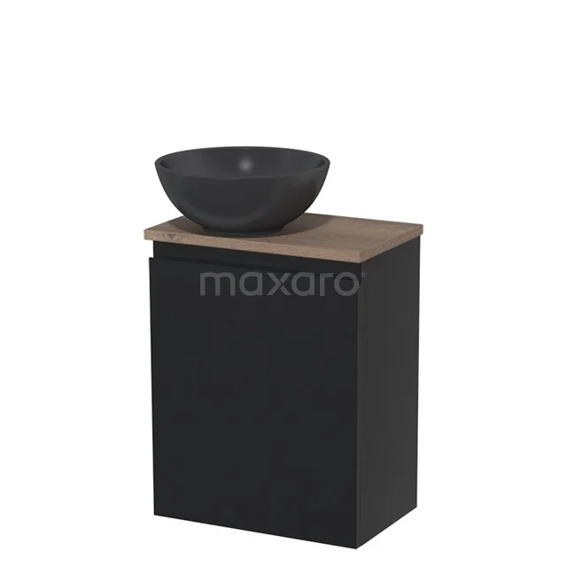 Toiletmeubel met waskom | 41 cm Mat zwart Greeploos front Mat zwart Quartz waskom Middenbruin eiken blad TMK10-04461