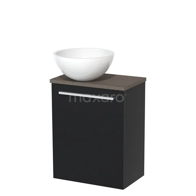 Toilet unit with countertop wash basin | 41 cm Matte white Flat front High-gloss white Mineral marble wash basin Dark brown oak worktop TMK10-05142