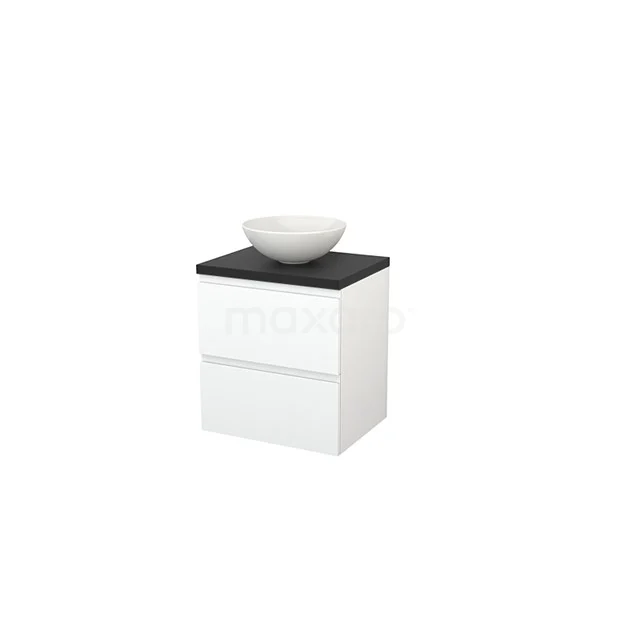 White bathroom unit with black top, ceramic vanity units for countertop wash basin and two drawers; modern design for stylish bathroom storage.