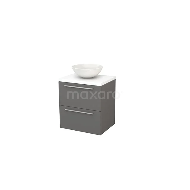 Modulo+ Plato Vanity units for countertop basin | 60 cm Matte white Flat front Matte white worktop 2 Stacked drawers BMK001588 Grey bathroom furniture set with two drawers, ceramic countertop wash basin and white worktop, modern design.