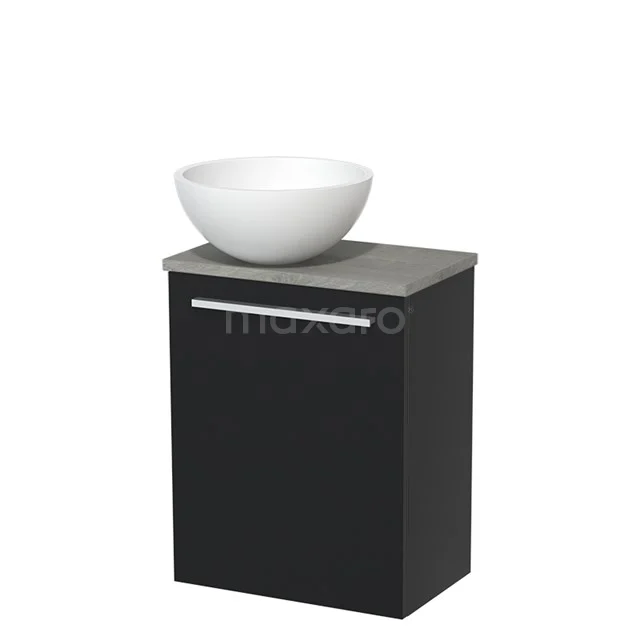 Schwarz Badmöbel mit grauer Oberseite und rundem weißen Waschbecken, kompaktes Design für stilvolle Badezimmerlagerung.