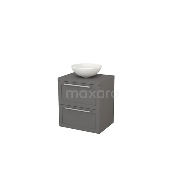 Grey Bathroom unit with two drawers and white countertop wash basin, modern design in wood look, ideal for compact bathrooms.