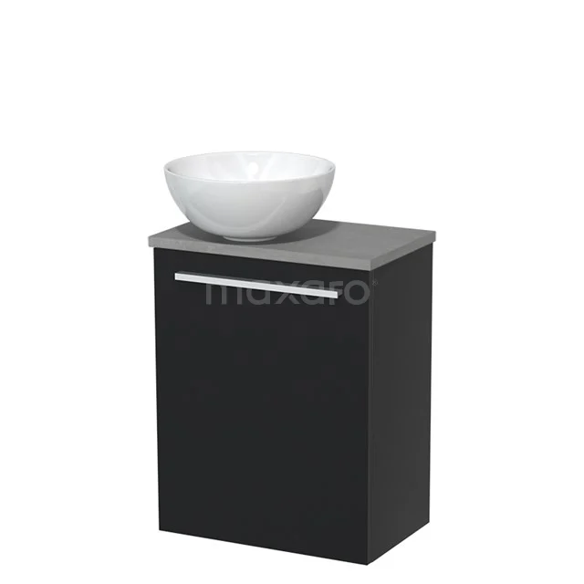 Schwarz Badmöbel mit grauer Oberseite und weißem runden Aufsatzwaschbecken, kompaktes Design, ideal für moderne Bäder.