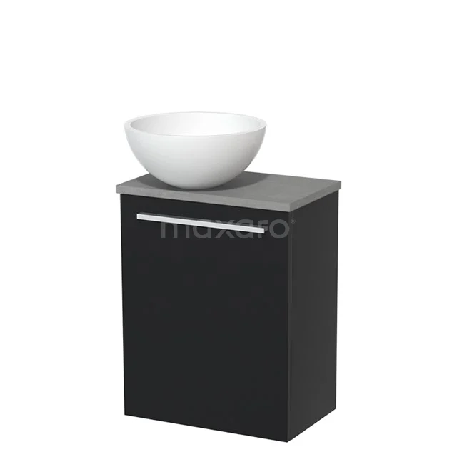 WC-Möbel mit Aufsatzwaschbecken | 41 cm Matt Schwarz Glatte Front Matt Weiß Aufsatzwaschbecken Hellgrauer Beton Platte TMK10-05183 Schwarzer Badschrank mit grauer Oberseite und weißem runden Aufsatzwaschbecken, modernes Design für stilvolle Badezimmergestaltung.