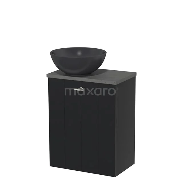 Black bathroom furniture set with grey countertop wash basin, sleek design, ideal storage solution for a modern bathroom design.
