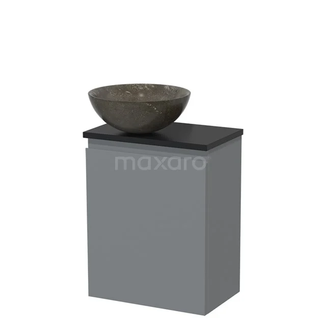 Toiletmeubel met waskom | 41 cm Middengrijs Greeploos front Blue stone Natuursteen waskom Mat zwart blad TMK10-04662