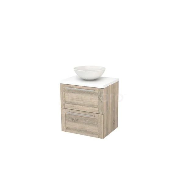 Modulo+ Plato Vanity units for countertop basin | 60 cm Matte white Frame front Matte white worktop 2 Stacked drawers BMK001615 Wooden bathroom unit with countertop wash basin, light Oak design, two drawers with tight handles, ideal for modern bathrooms.