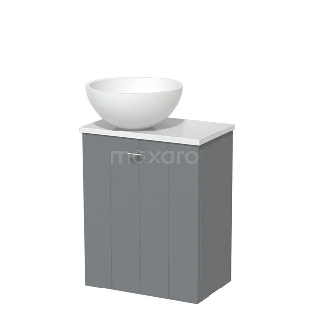 WC-Möbel mit Aufsatzwaschbecken | 41 cm Mittelgrau Lamellenfront Matt Weiß Solid Surface Aufsatzwaschbecken Hochglanz Weiß Platte TMK10-05228 Grauer Badschrank mit weißer Waschbecken; kompaktes Design, ideal für kleine Bäder, aus hochwertigem Holz gefertigt.