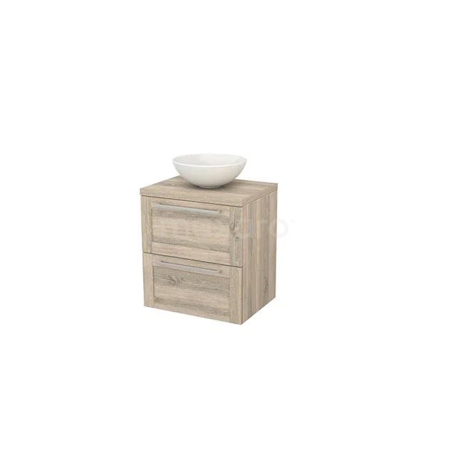 Modulo+ Plato Vanity units for countertop basin | 60 cm Oak Frame front Oak worktop 2 Stacked drawers BMK001617 Wooden bathroom unit in light Oak with white bowl-shaped basin, compact shape, ideal for modern bathrooms.