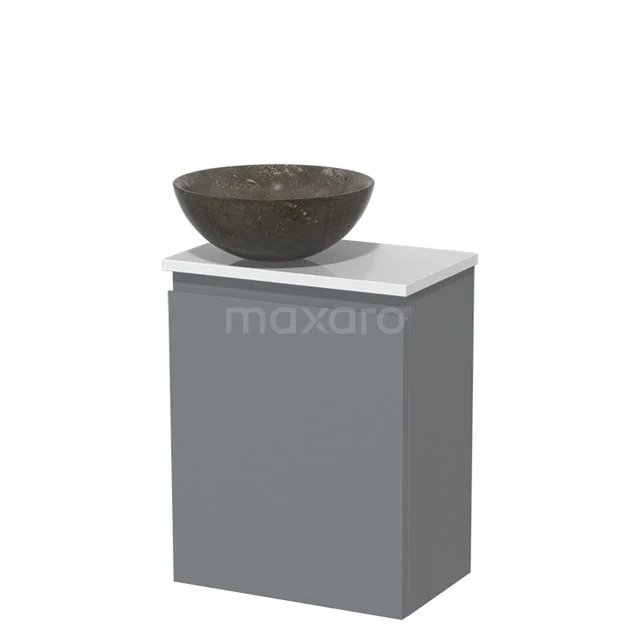 Toiletmeubel met waskom | 41 cm Middengrijs Greeploos front Blue stone Natuursteen waskom Hoogglans wit blad TMK10-05236