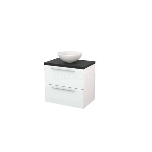 Modulo+ Plato Vanity units for countertop basin | 70 cm High-gloss white Flat front worktop 2 Stacked drawers BMK001632 White bathroom unit with black top plate and ceramic countertop wash basin, modern look, ideal for small bathrooms.