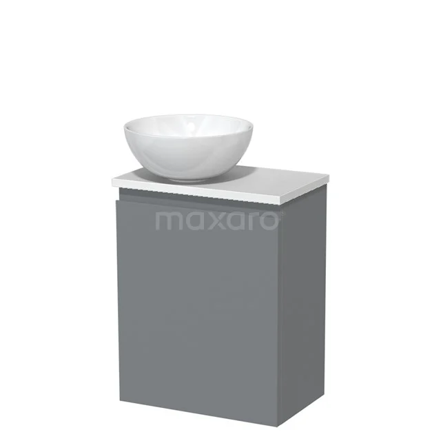 Grey bathroom cabinet with white countertop wash basin, compact design, ideal for modern bathrooms.