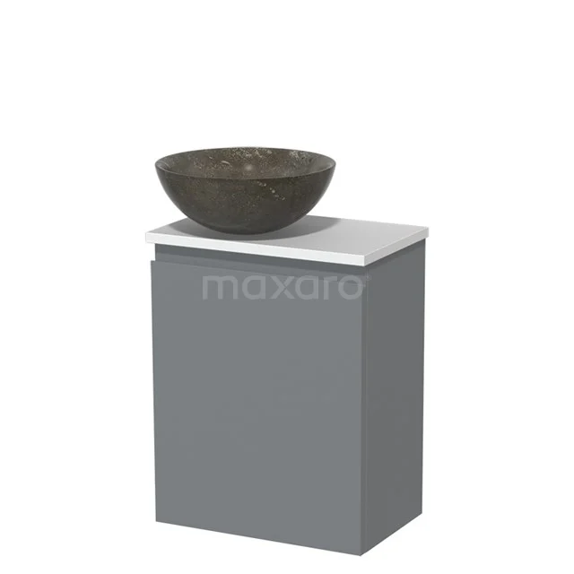 Toiletmeubel met waskom | 41 cm Middengrijs Greeploos front Blue stone Natuursteen waskom Mat wit blad TMK10-05256