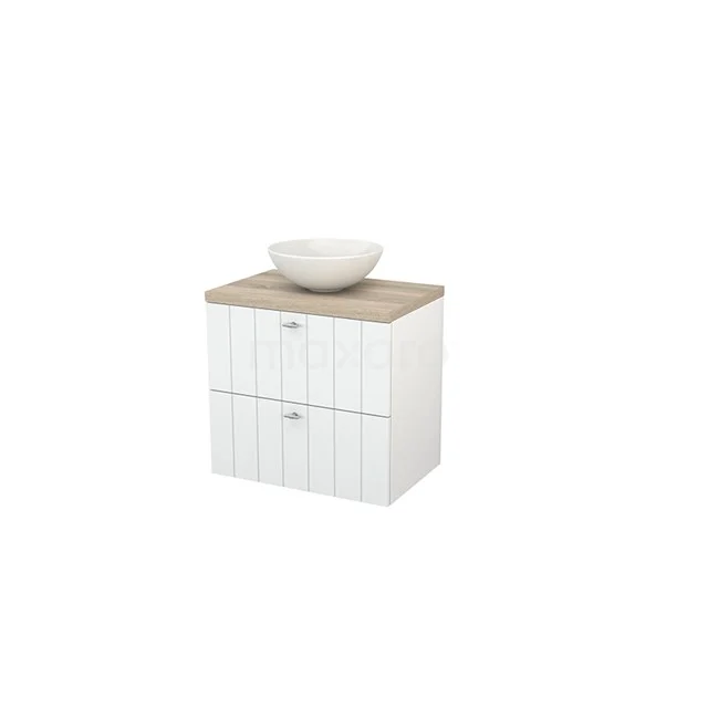 White bathroom unit with wood-look worktop, ceramic countertop wash basin and fluted fronts; perfect for a modern bathroom style.