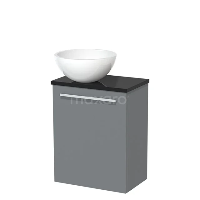 Grey bathroom cabinet with black worktop and white ceramic bowl, modern design for storage space and sink function.