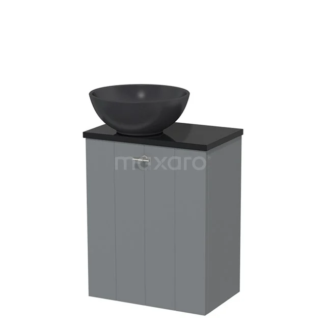 Toiletmeubel met waskom | 41 cm Middengrijs Lamel front Mat zwart Quartz waskom Hoogglans zwart blad TMK10-05289