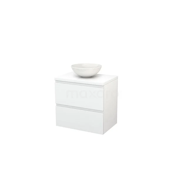 Modulo+ Plato Vanity units for countertop basin | 70 cm High-gloss white Handle-less front High-gloss white worktop 2 Stacked drawers BMK001648 White bathroom unit with two drawers, minimalist design, including ceramic countertop wash basin, ideal for modern bathrooms.