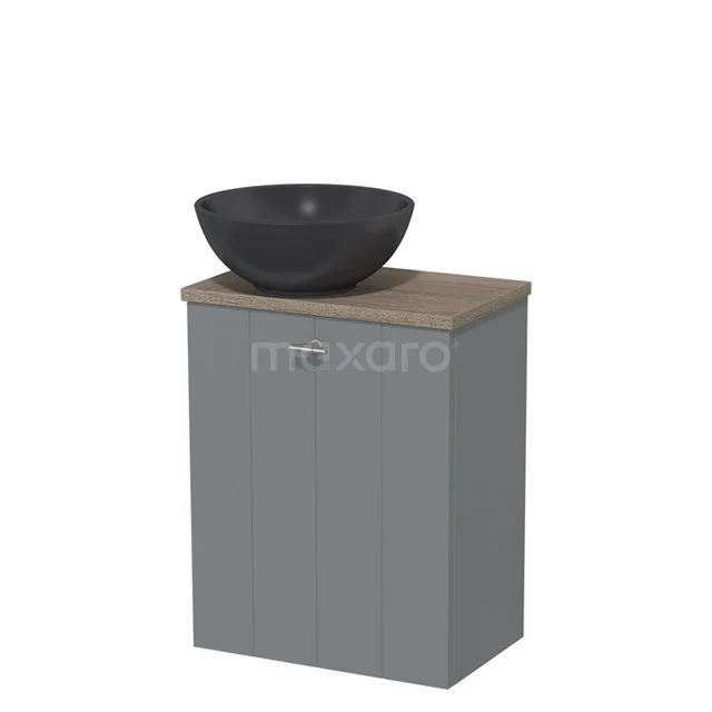 Toiletmeubel met waskom | 41 cm Middengrijs Lamel front Mat zwart Quartz waskom Eiken blad TMK10-00622
