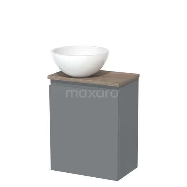 Grey bathroom cabinet with wood accent and white countertop wash basin; modern design, ideal for compact bathroom furniture use.