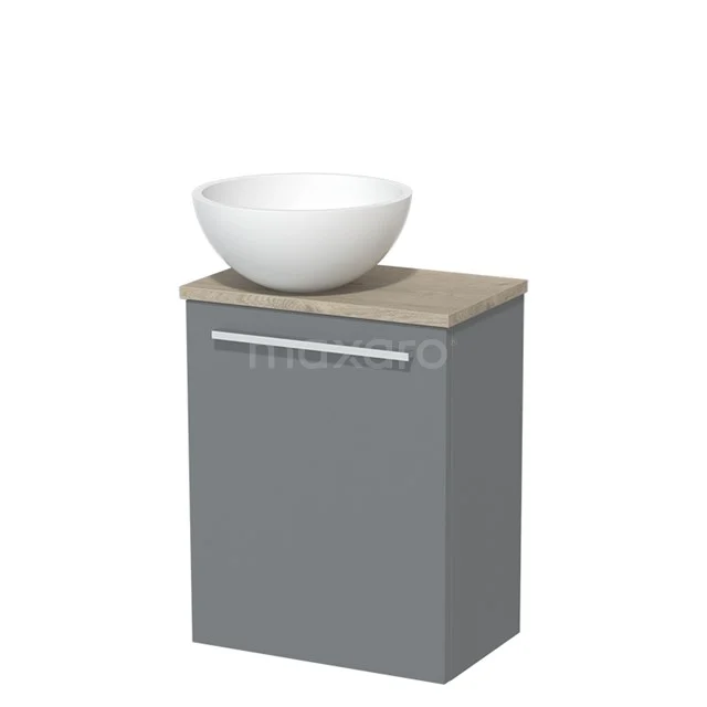 WC-Möbel mit Aufsatzwaschbecken | 41 cm Mittelgrau Glatte Front Matt Weiß Solid Surface Aufsatzwaschbecken Hellgraue Eiche Platte TMK10-05323 Grauer Badschrank mit Holzplatte und weißem keramischen Aufsatzwaschbecken, ideal für moderne Badezimmereinrichtungen.
