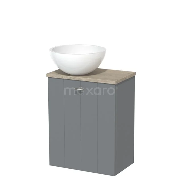 Grey Bathroom cabinet with wooden worktop and white basin bowl, modern style, ideal for compact bathroom design.
