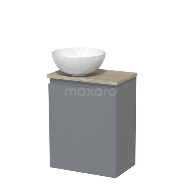 WC-Möbel mit Aufsatzwaschbecken | 41 cm Mittelgrau Grifflose Front Hochglanz Weiß Keramik Aufsatzwaschbecken Hellgraue Eiche Platte TMK10-05330 Grau Badmöbel mit Holzlook Platte und weißer komförmiger Waschbecken, kompaktes Design für stilvolle Badezimmerinrichtung.