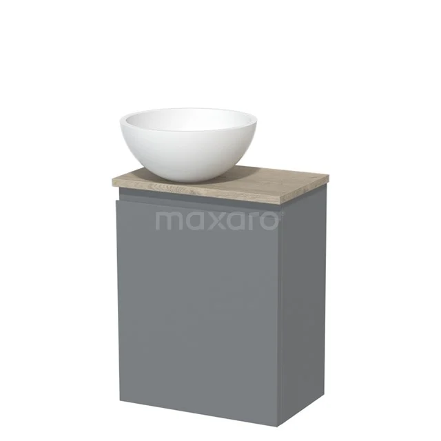 Toilet unit with countertop wash basin | 41 cm Mid grey Handleless front Matte white Solid surface wash basin Light grey oak worktop TMK10-05338