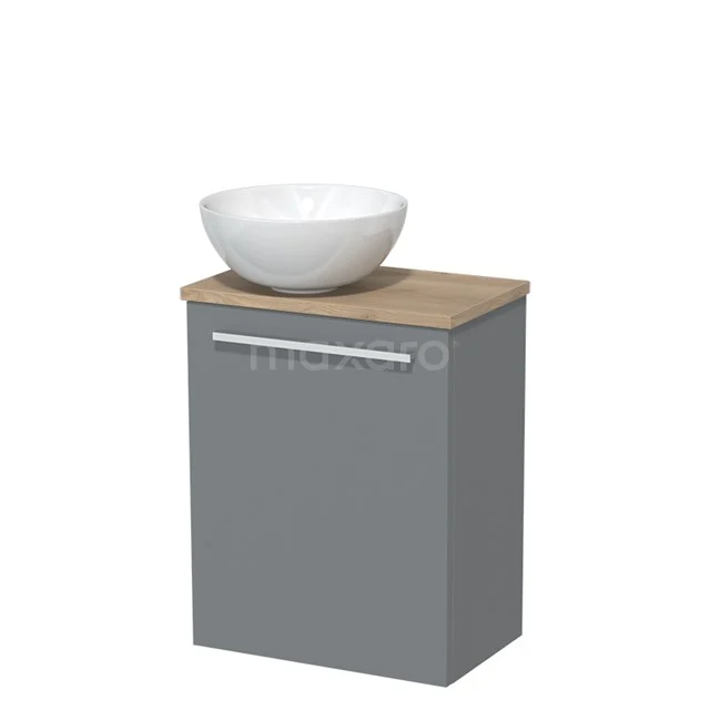 Toiletmeubel met waskom | 41 cm Middengrijs Vlak front Hoogglans wit Keramiek waskom Lichtbruin eiken blad TMK10-02755