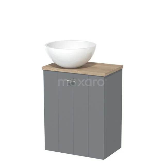 Bathroom cabinet in grey with wooden worktop and round basin in white, ideal for modern bathroom storage.