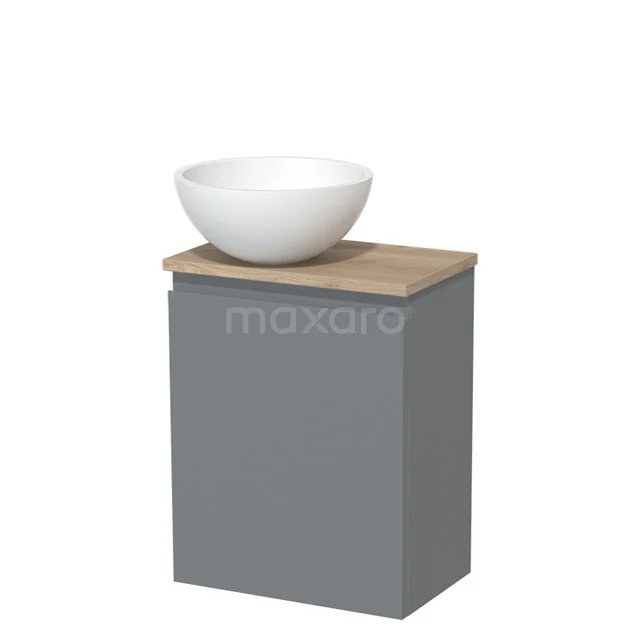 Toilet unit with countertop wash basin | 41 cm Mid grey Handleless front Matte white Solid surface basin Light brown oak worktop TMK10-02773
