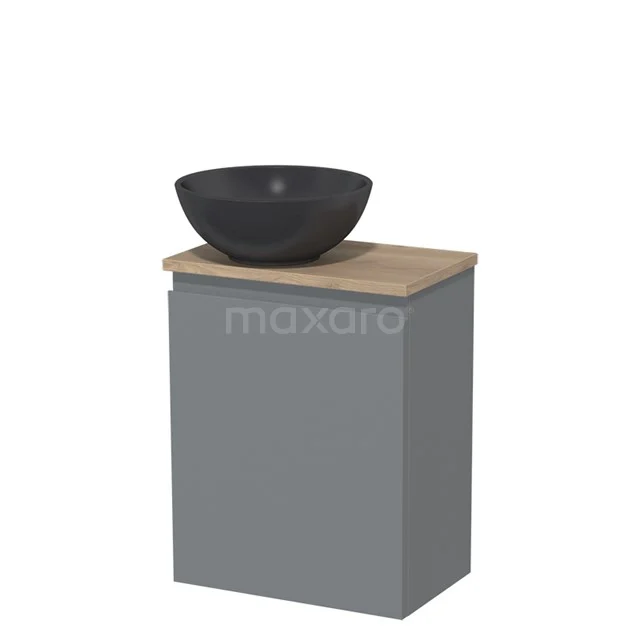 Toilet unit with countertop wash basin | 41 cm Mid grey Handleless front Matte black Quartz basin Light brown oak worktop TMK10-02774