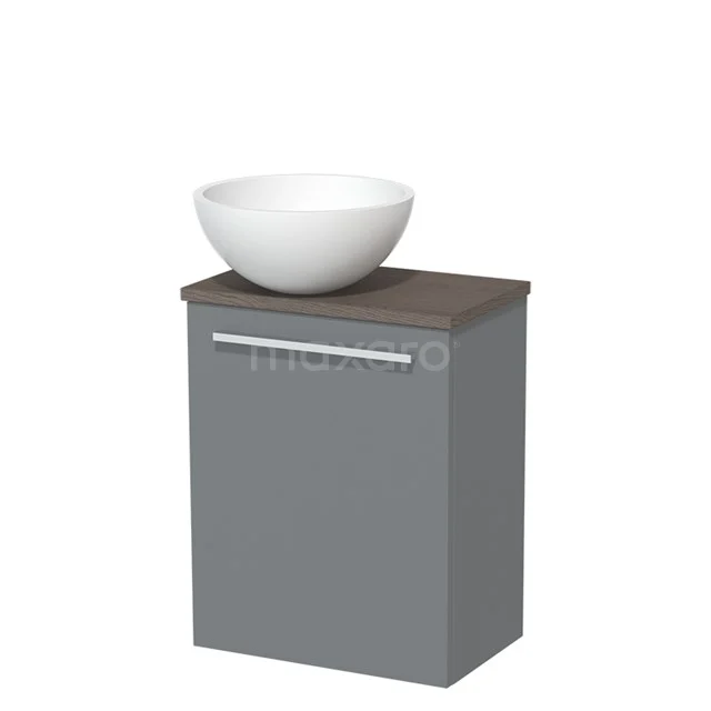 Toilet unit with countertop wash basin | 41 cm Mid grey Flat front Matte white Solidtop wash basin Dark brown oak worktop TMK10-05343