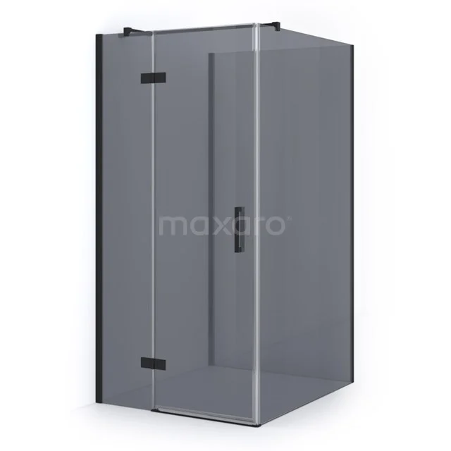Glass shower enclosure with matt black frame, corner step and pivot door; sleek design for a modern bathroom.