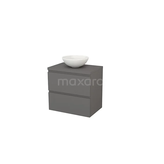Modulo+ Plato Vanity units for countertop basin | 70 cm Basalt Handle-less front Basalt worktop 2 Stacked drawers BMK001689 Grey bathroom cabinet made of wood with two drawers and a white basin; modern design for optimal bathroom storage.