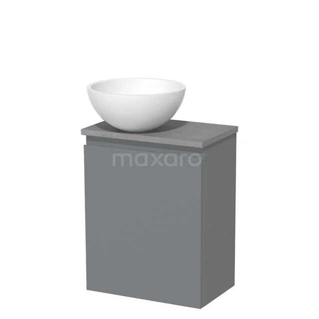 Grey bathroom cabinet with white ceramic countertop basin, compact design for modern bathrooms.