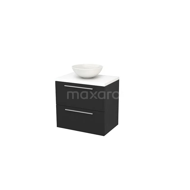 Modulo+ Plato Vanity units for countertop basin | 70 cm Matte white front Matte white worktop 2 Stacked drawers BMK001690 Black bathroom cabinet with two drawers, white basin on top, modern design and suitable for compact bathrooms.