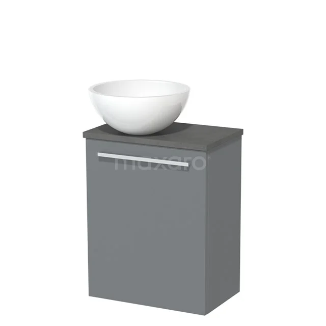 WC-Möbel mit Aufsatzwaschbecken | 41 cm Mittelgrau Glatte Front Hochglanz Weiß Mineralguss Aufsatzwaschbecken Dunkelgrauer Beton Platte TMK10-05402 Grauer Badschrank mit weißem rundem Aufsatzwaschbecken, modernes Design, geeignet als praktische Aufbewahrung in strenger Badezimmerstil.