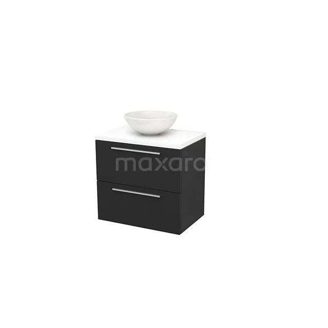 Black Bathroom unit with white basin, modern design, 2 drawers and sleek metal handles, ideal for compact bathrooms.