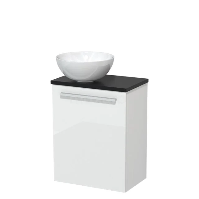 Weißes Badmöbel mit schwarzer Platte und aufstehendem rundem Waschbecken, kompaktes Design für moderne Bäder.